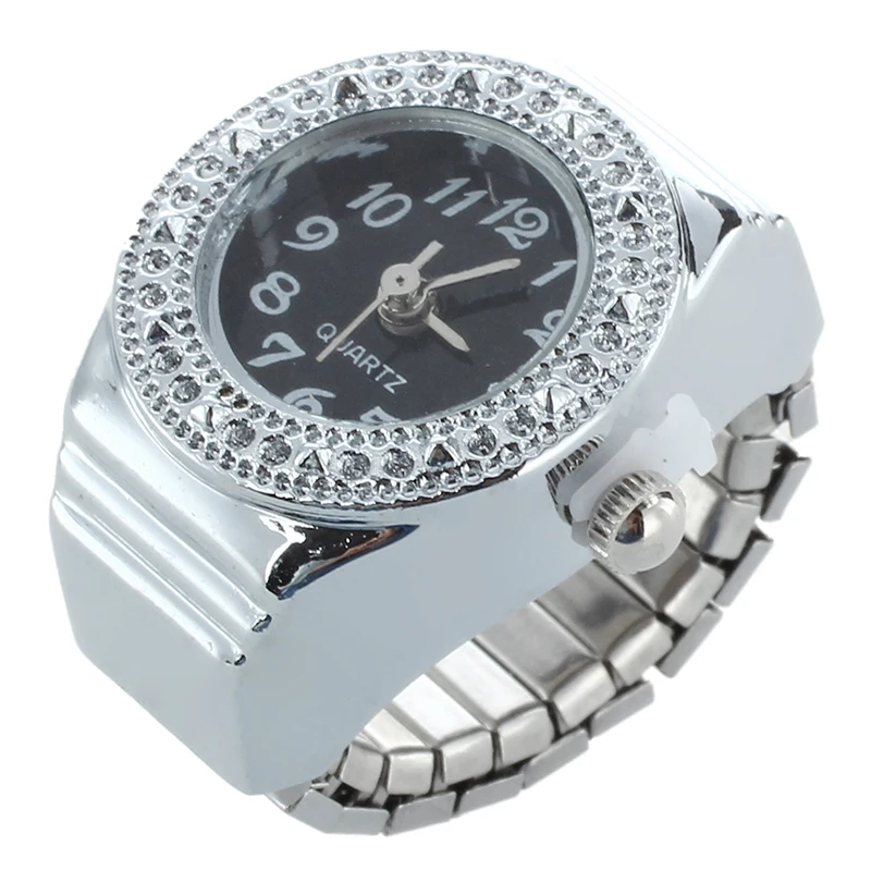 Crystal ring clock quartz ring alloy Unisex Black Watch