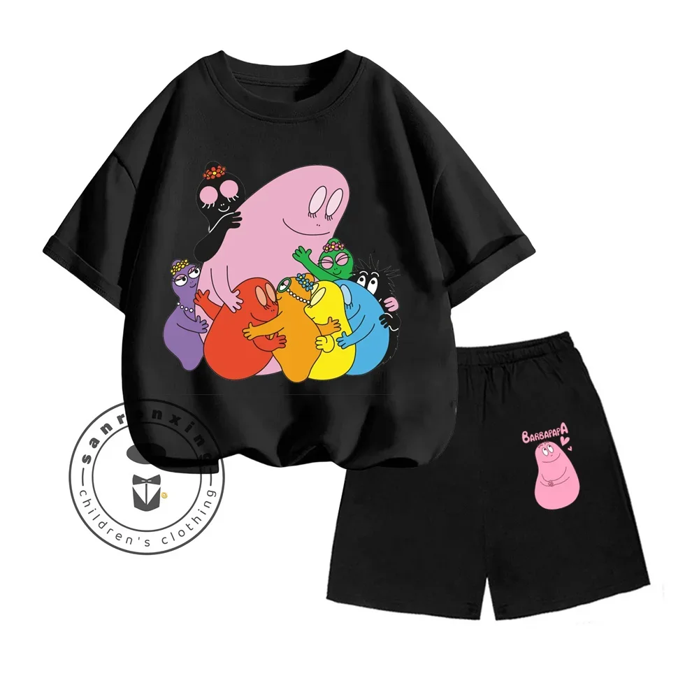 Charming Q-version Barbapapa Cartoon Character Print Design O-neck Breathable Short Sleeve and Fitted Shorts Kids Two-piece Set