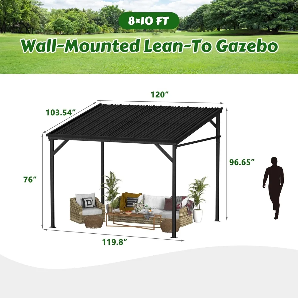 

Настенная беседка «8x10 футов» с железной крышей, наружной перголой, дренажной системой и треугольной опорой.