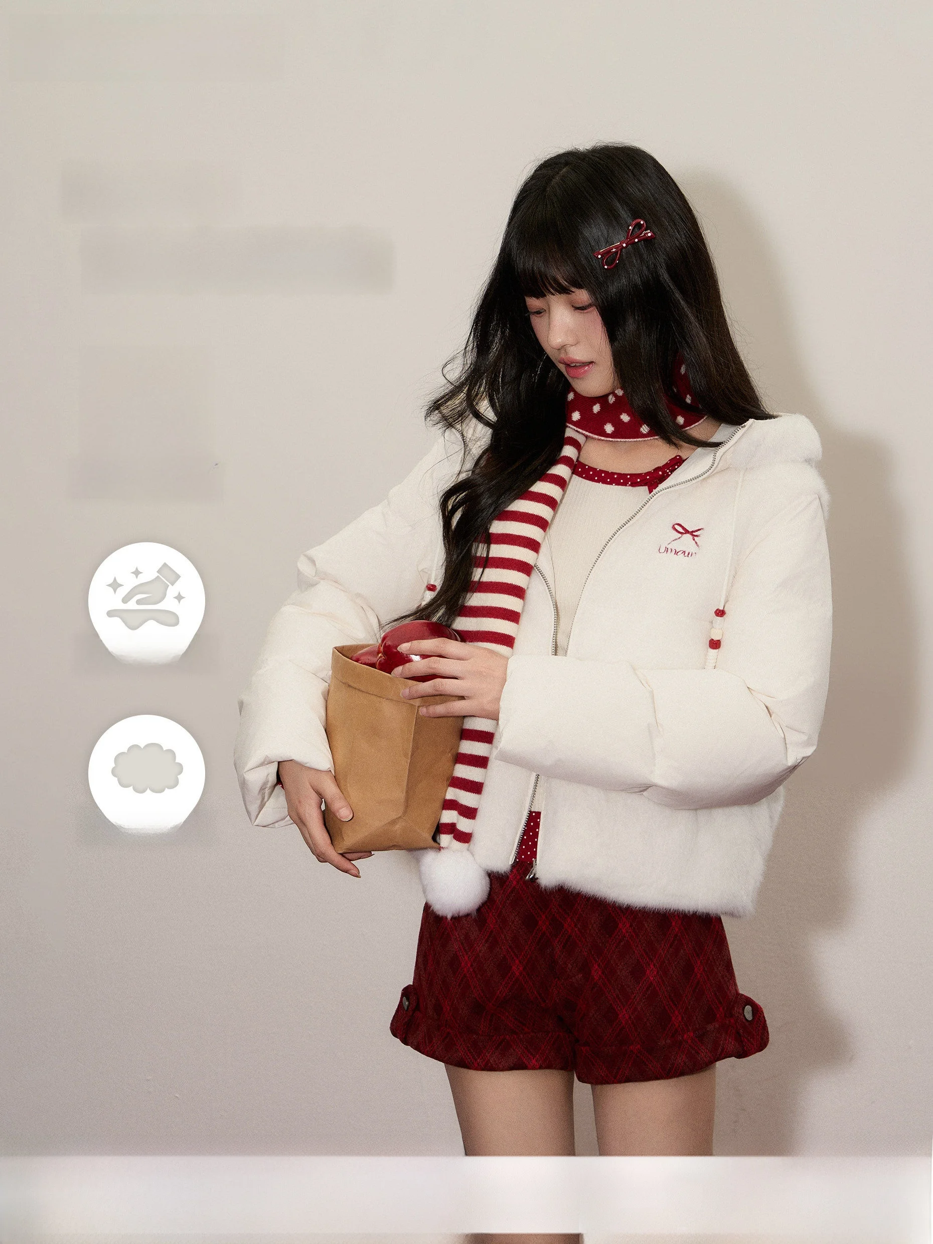 

Umoumo Girls' 90% White Duck down Jacket with Fur Collar Patchwork Design Warm Hooded Polyester Fabric Long Sleeve Winter Coat