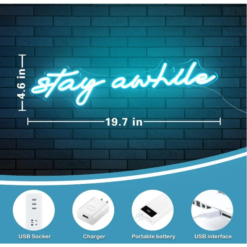 Stay time-letreros de neón para decoración de pared, barra LED regulable de 19,7x5 pulgadas, alimentada por USB, para dormitorio, Fiesta en casa, cumpleaños, regalo de Navidad, azul hielo