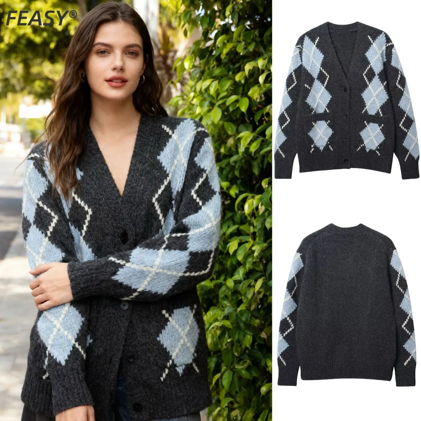

Jacquard Knit Cardigan Loose Buttoned V-neck Sweater Women's Patchwork Knit Top Autumn Winter Retro Casual Diamond Pattern Coat