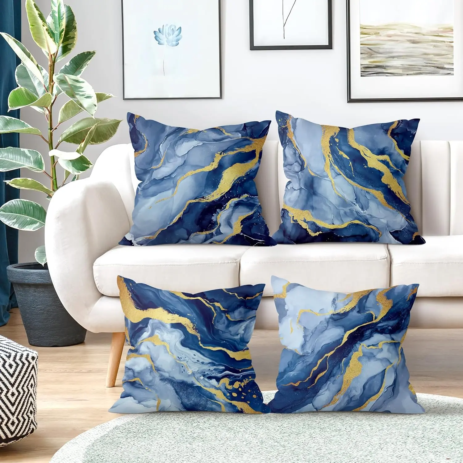 Luxury Blue Gold Marble Throw Pillow Covers Set 4 Pieces Modern Abstract Geode Print Cushion Decor for Living Room