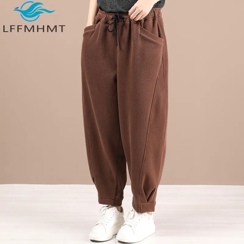 Moda inverno feminino engrossar calças quentes estilo coreano cintura elástica cor sólida básico sweatpants solto calças casuais femininas