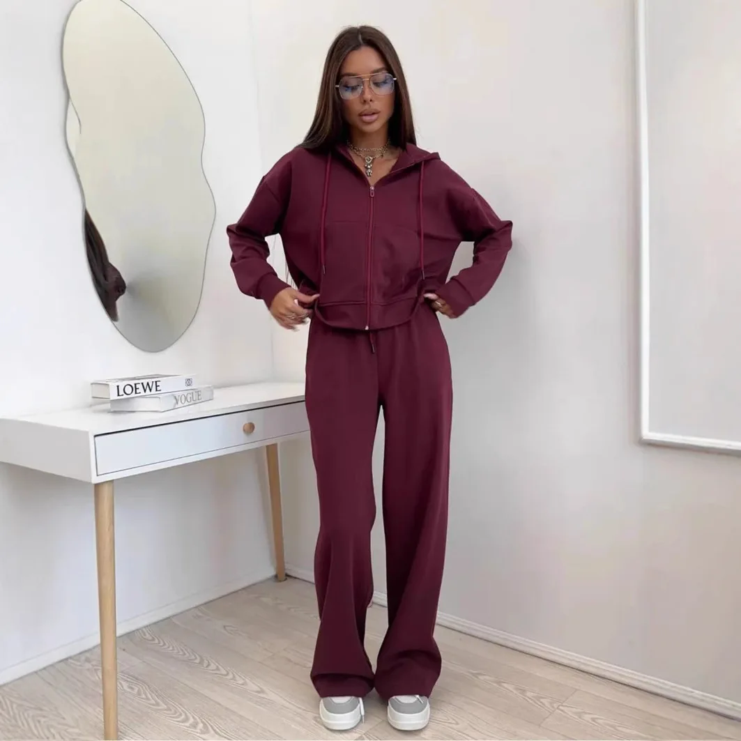 

Sports Suit Long-sleeved Zipper Cardigan Solid Color Hooded Sweate Lace-up Trousers Two-piece Set Europe and America