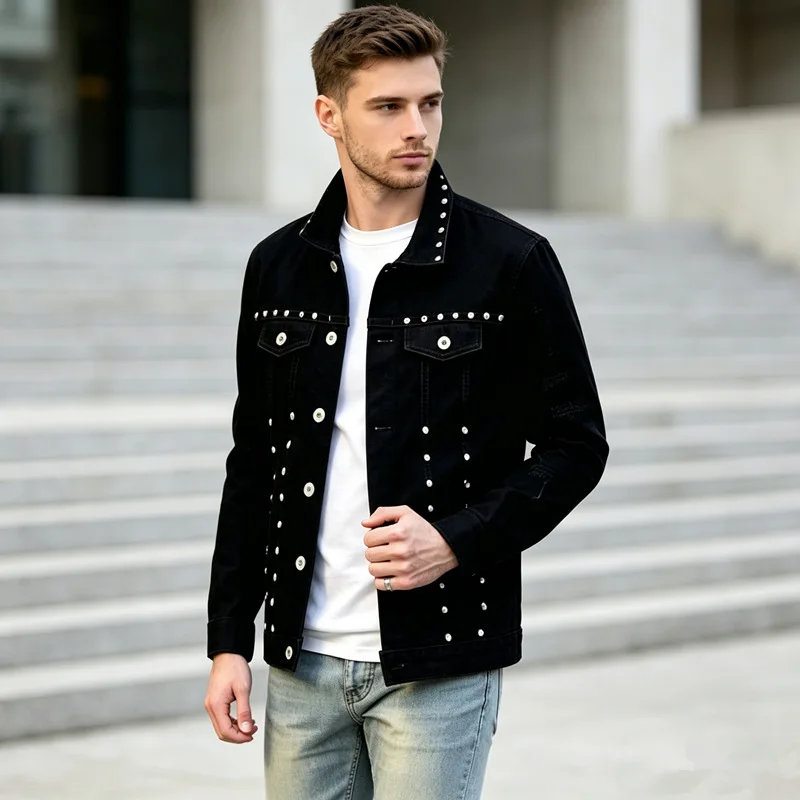Men's Black Denim Jacket Studded Design Slim Fit Casual Motorcycle Biker Jeans Jacket Long Sleeve Streetwear Coat With Rivets