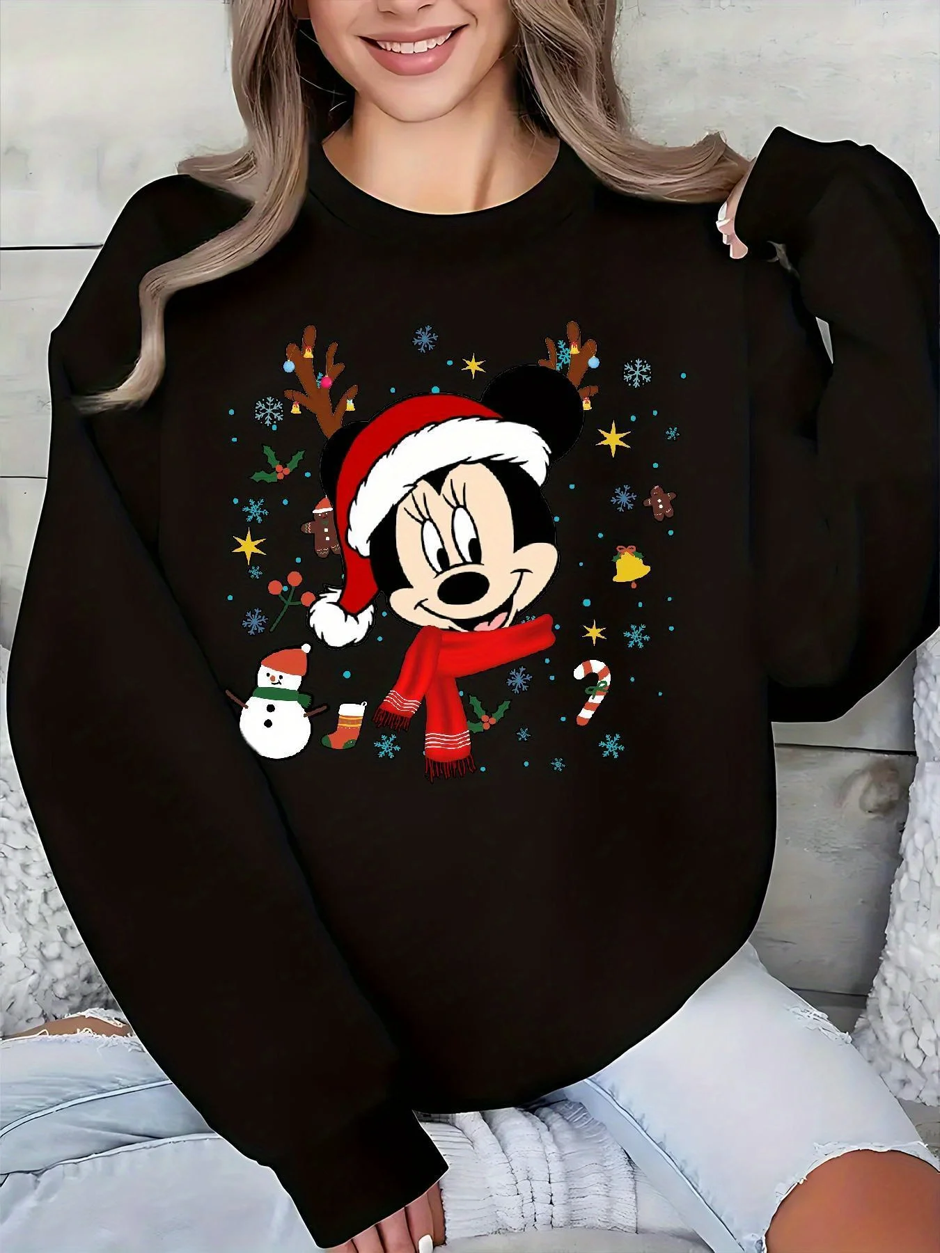 

Women's Disney Mickey Mouse Christmas Pullover Sweater Fashion Oversized Unisex Crew Neck Sweater Autumn Winter Fleece Casual