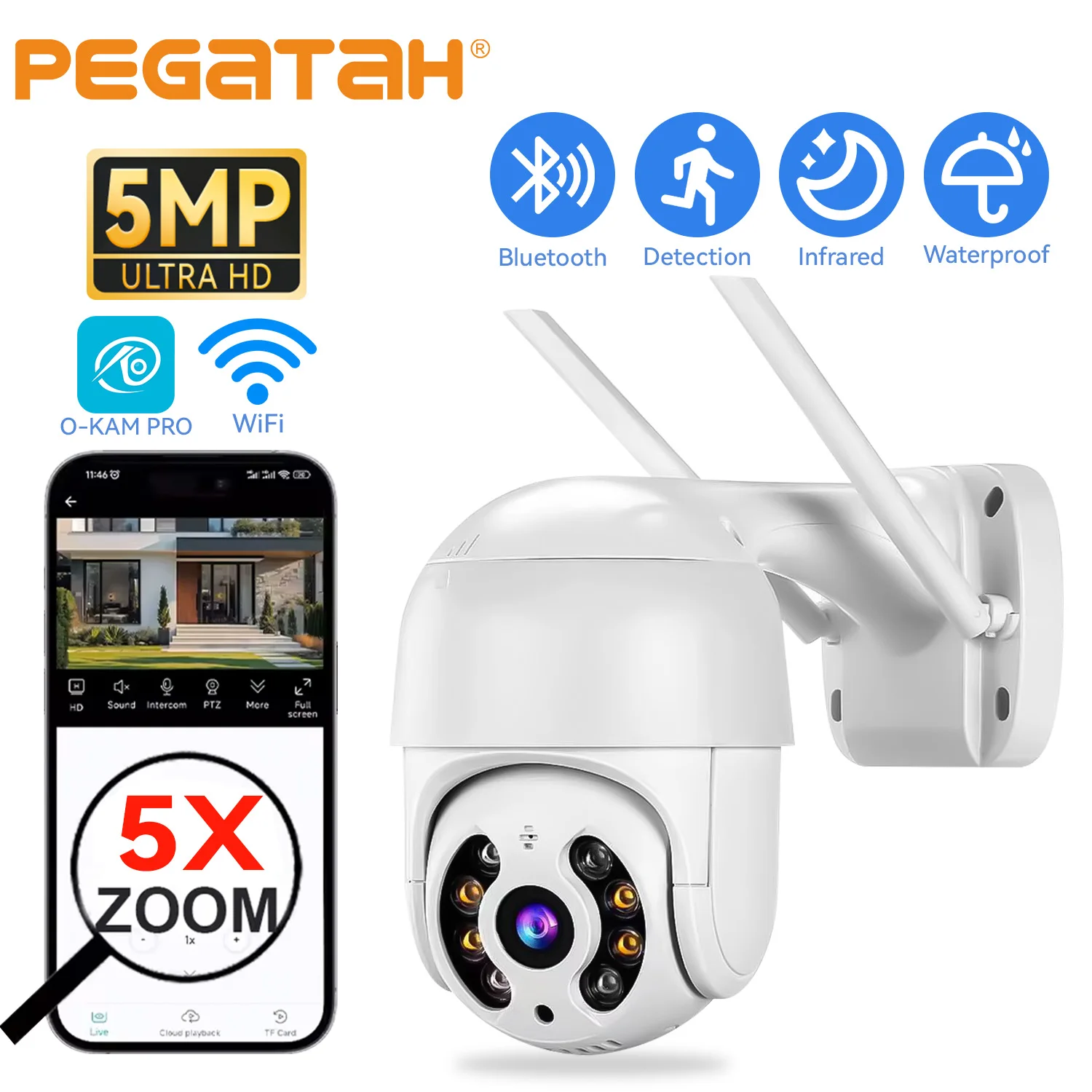 O-Kam Pro 5MP HD WIFI IP PTZ Camera with Auto Tracking 3MP Speed Dome Smart Home Outdoor Wireless Surveillance System