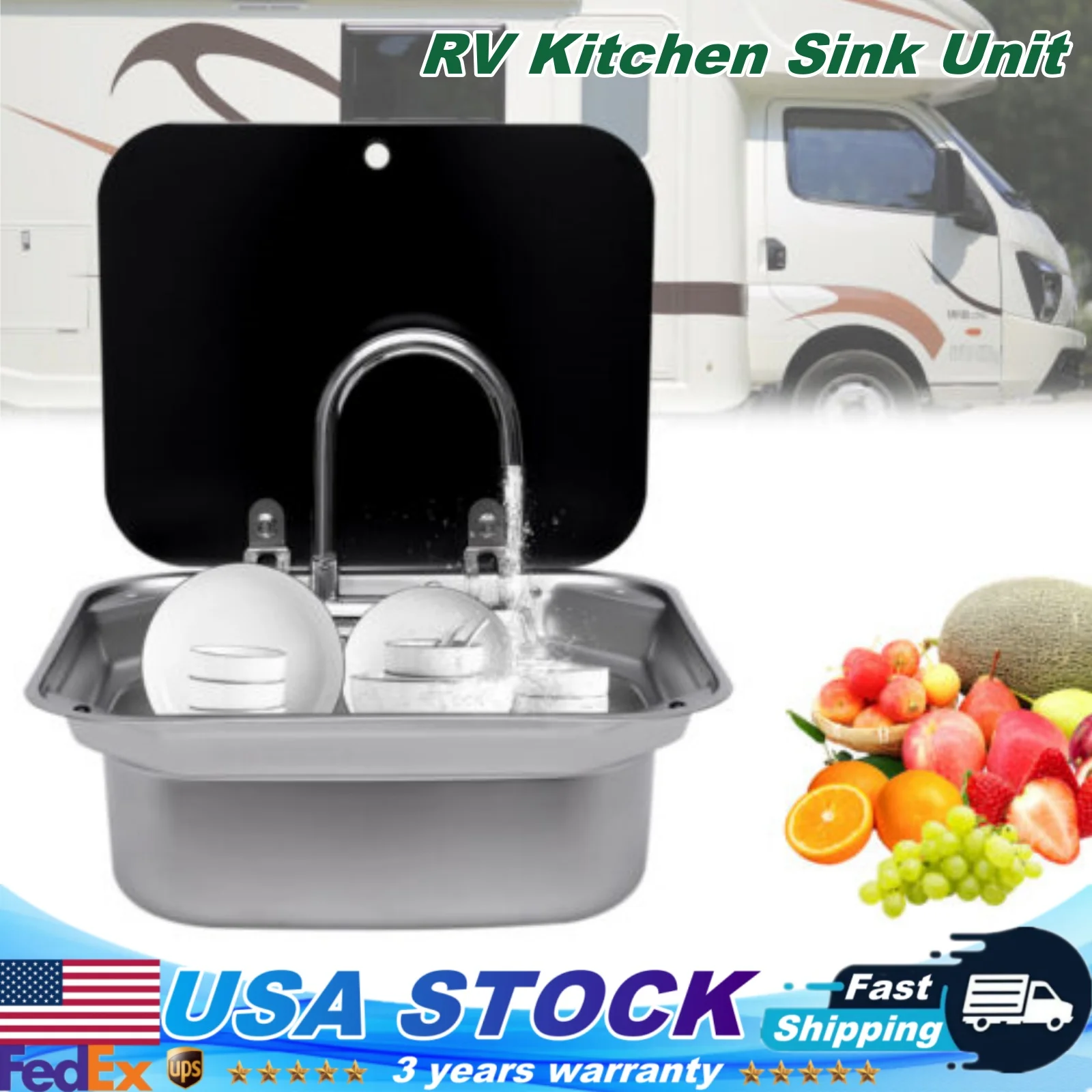 RV Sink Kit,Steel Hand Wash Basin Sink with tap full Set+Lid+Faucet with Folded Faucet van Camper Trailer Accessories