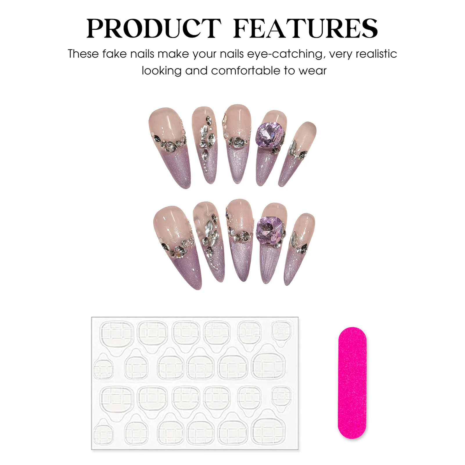 10 個パープルフレンチスタイル偽ネイルパッチ手作りロングスティレットプレス爪グリッターラインストーンデザイン韓国付け爪