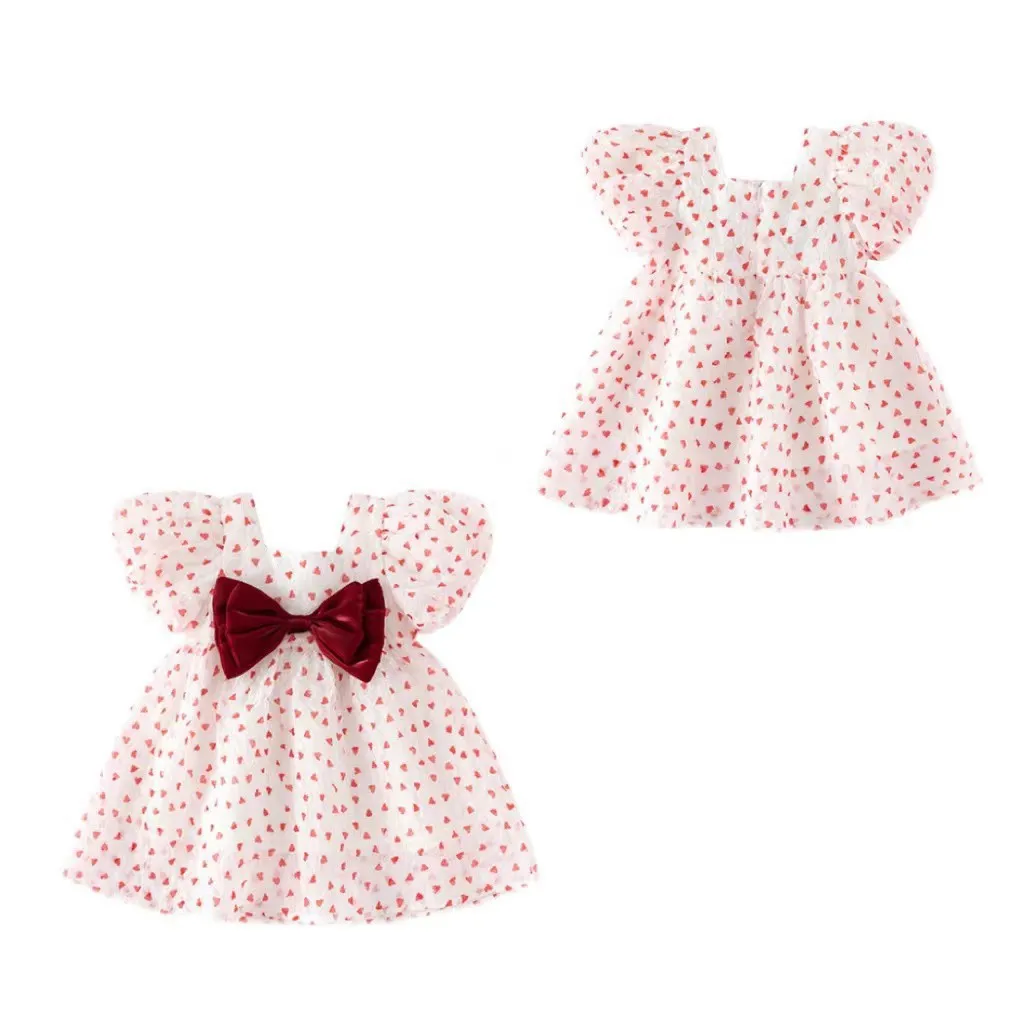 

Детская одежда, летнее платье для девочек с милыми сердечками и рукавами-пузырями, юбка принцессы с коротким рукавом и бантом для девочек, повседневные платья для девочек