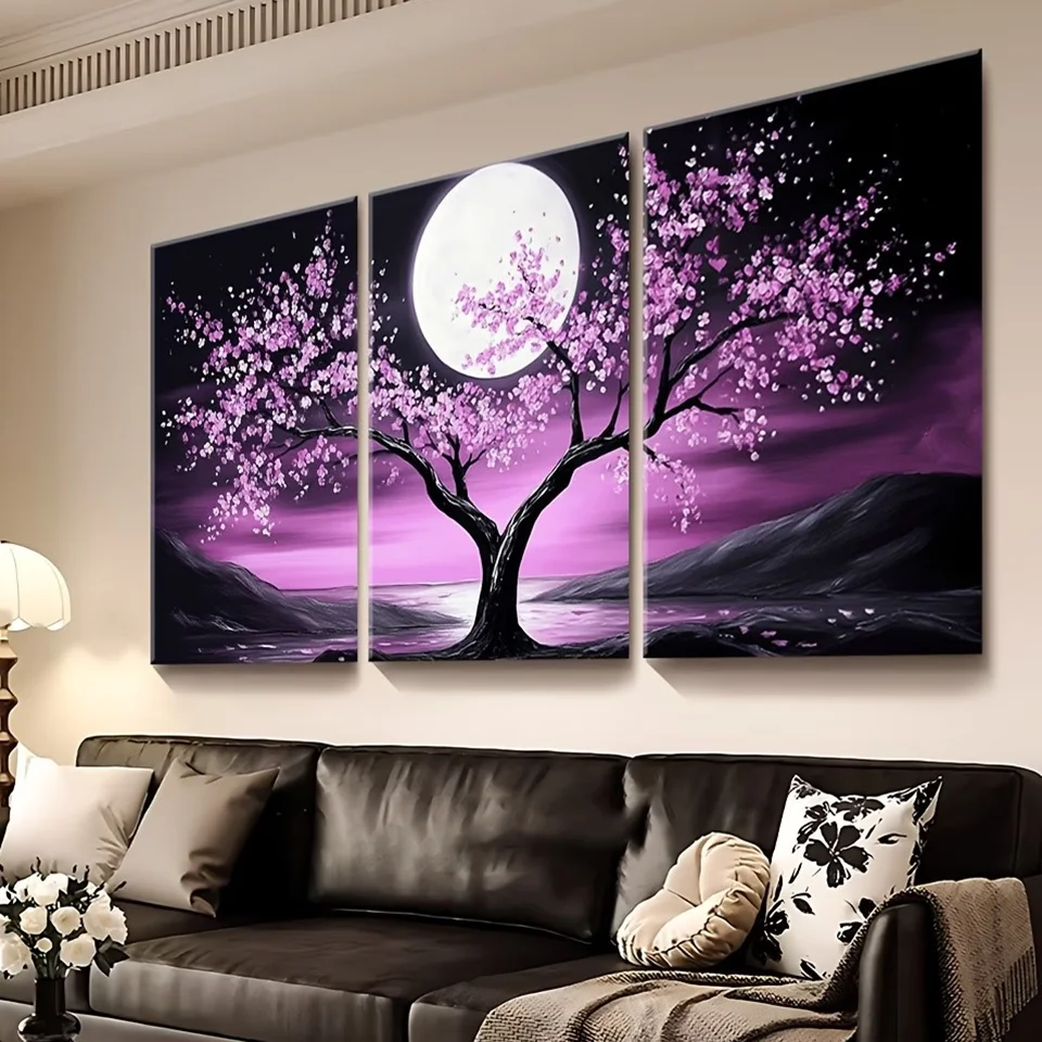 3Pcs DIY Diamond Painting Purple Tree Moon Landscape Full Square Round Drill Mosaic Triptych Diamond Embroidery Home Decor