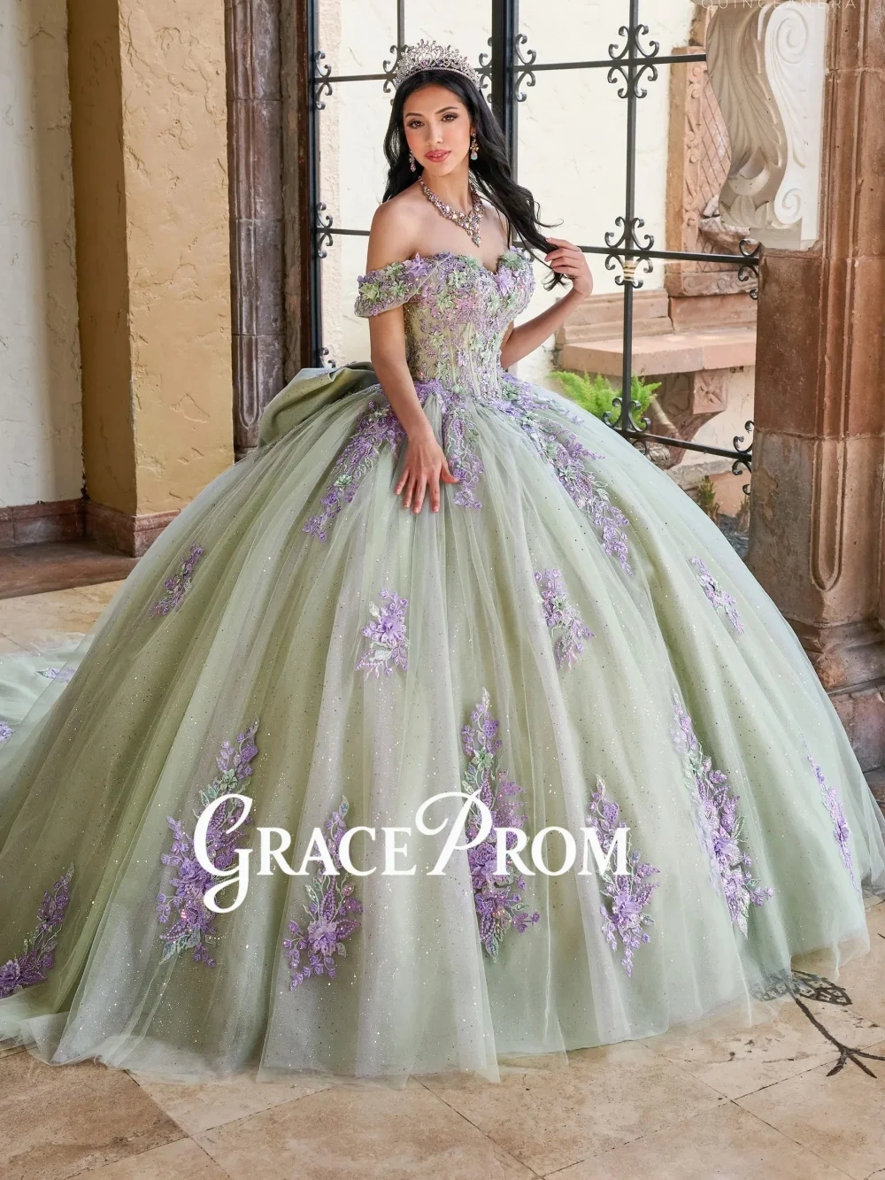 

Dreamy Light Green Off Shoulder Quinceanera Dresses Romantic Purple Floral Embroidery Glitter Tulle Ball Gown Luxury Beaded Prin