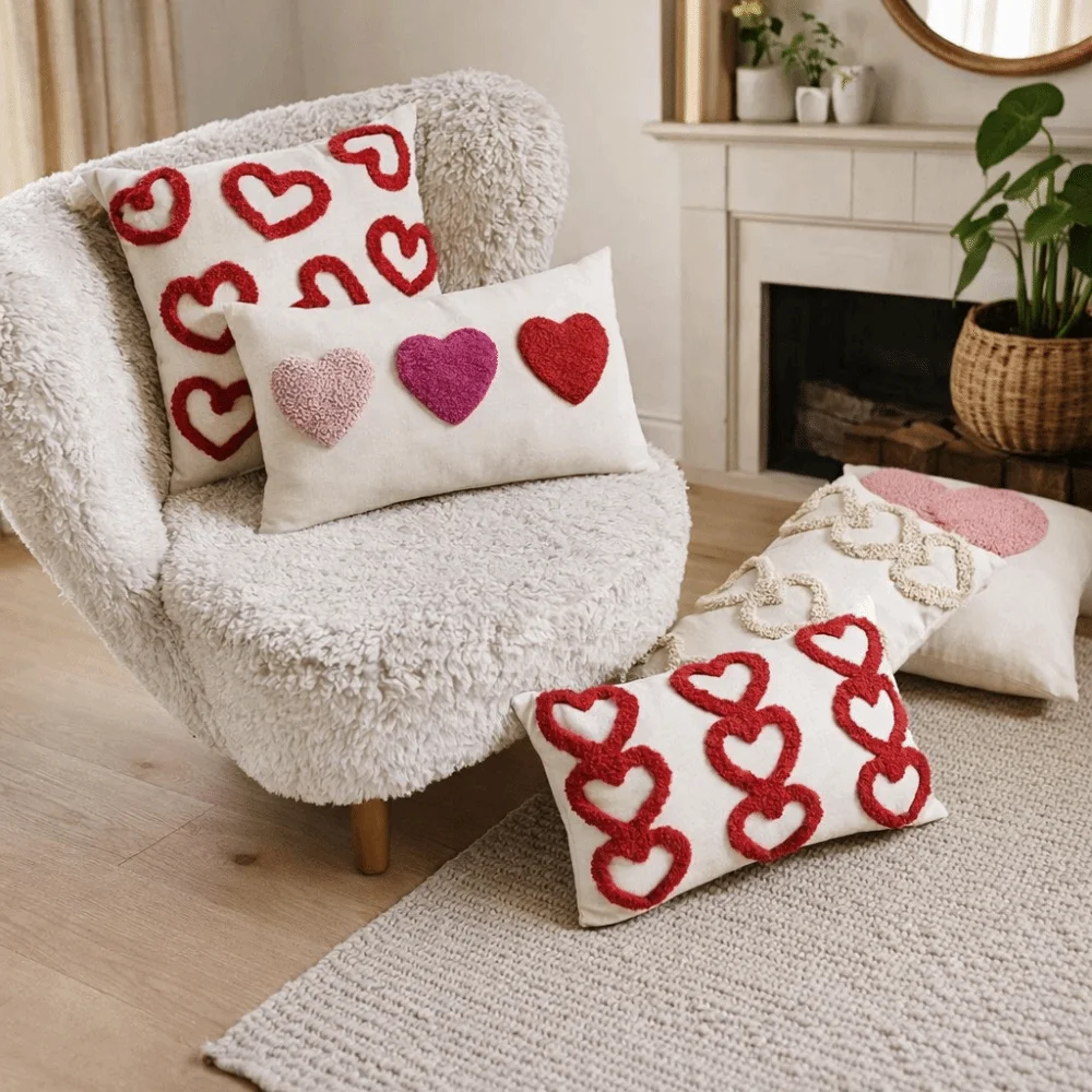 

Romantic Valentine Heart Pattern Pillowcase Embroidery Hidden Zipper Throw Pillow Cover Minimalist Velvet Tufted Cushion Case