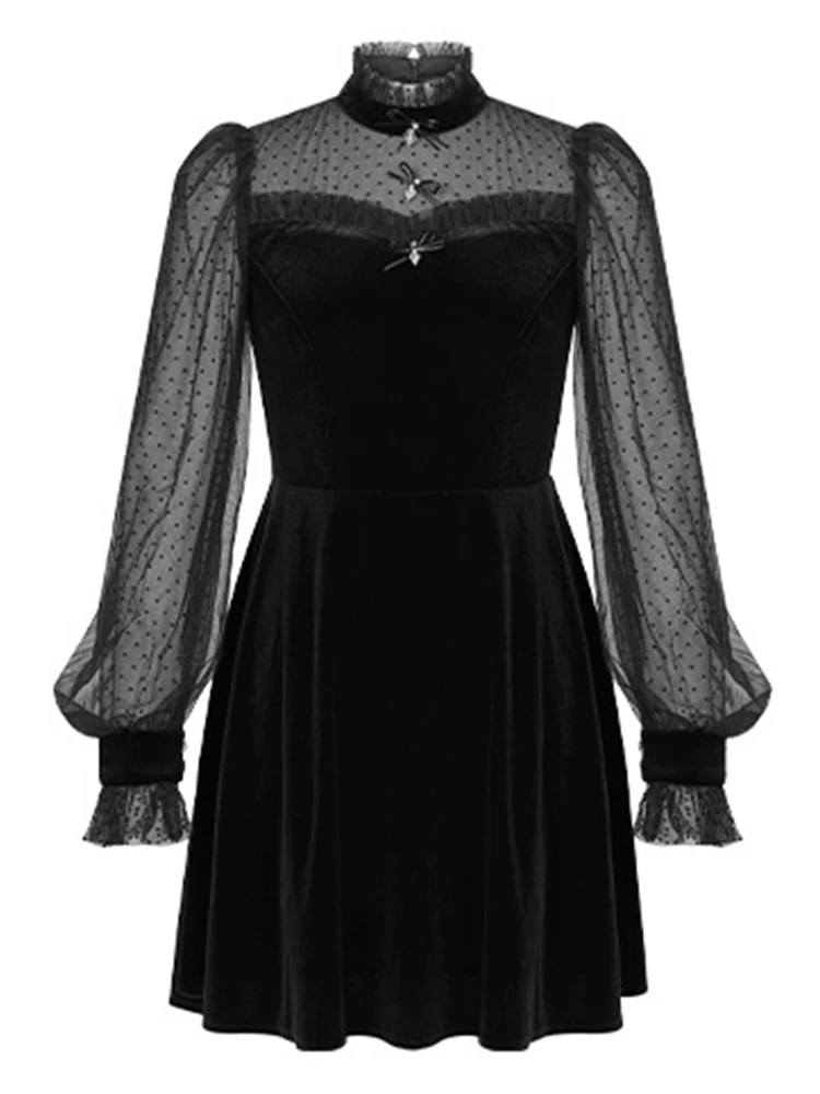 Vrouwen Kleding Avond Zwart Fluwelen Mesh Sheer Sexy Stand Hals Slanke Korte Jurk Elegante Dames Party Club Verjaardag Vestidos Nieuw