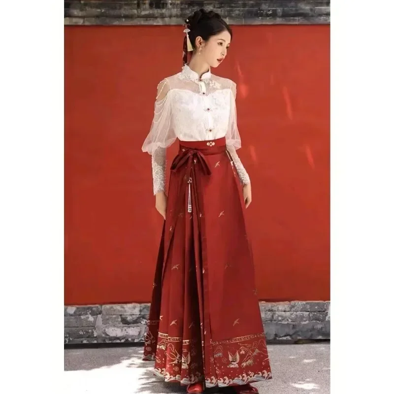 Elegant White Lace Embroidered Embellished Off Shoulder Pearl Tassel Top Red Horse Skirt Bridal Evening Dress China Hanfu Women