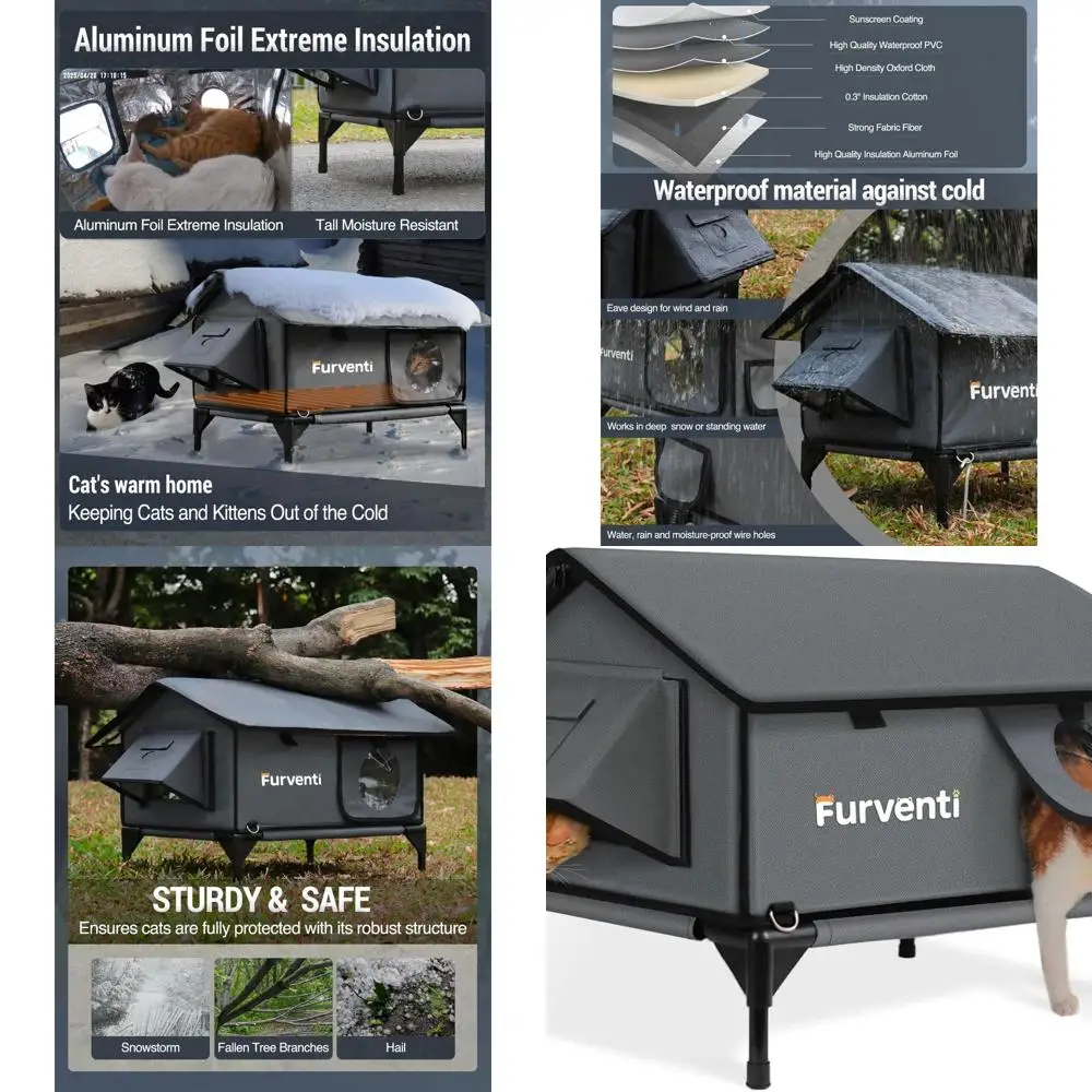 

Прочный уличный кошачий домик для зимы, изолированное и водонепроницаемое укрытие с приподнятыми карнизами и спасательной дверью для бродячих кошек (темный)