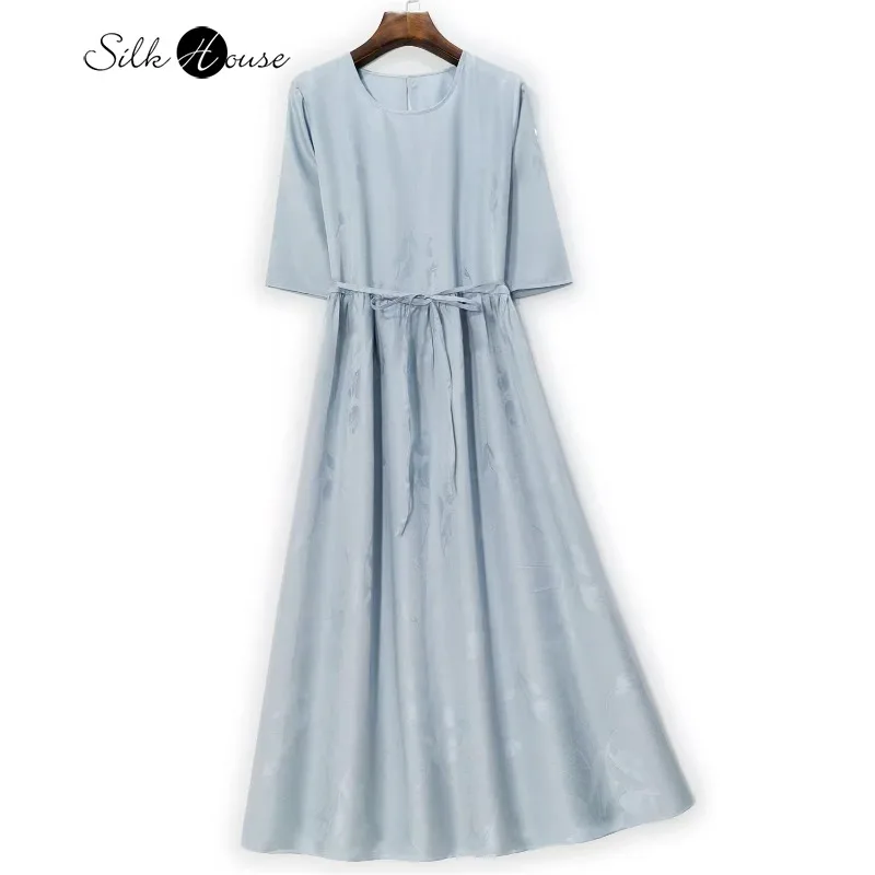 

100% Natural Mulberry Silk HuaLuo Light Blue Tulip Medium Long Women's Fashionable A-line Large Swing Casual Dress