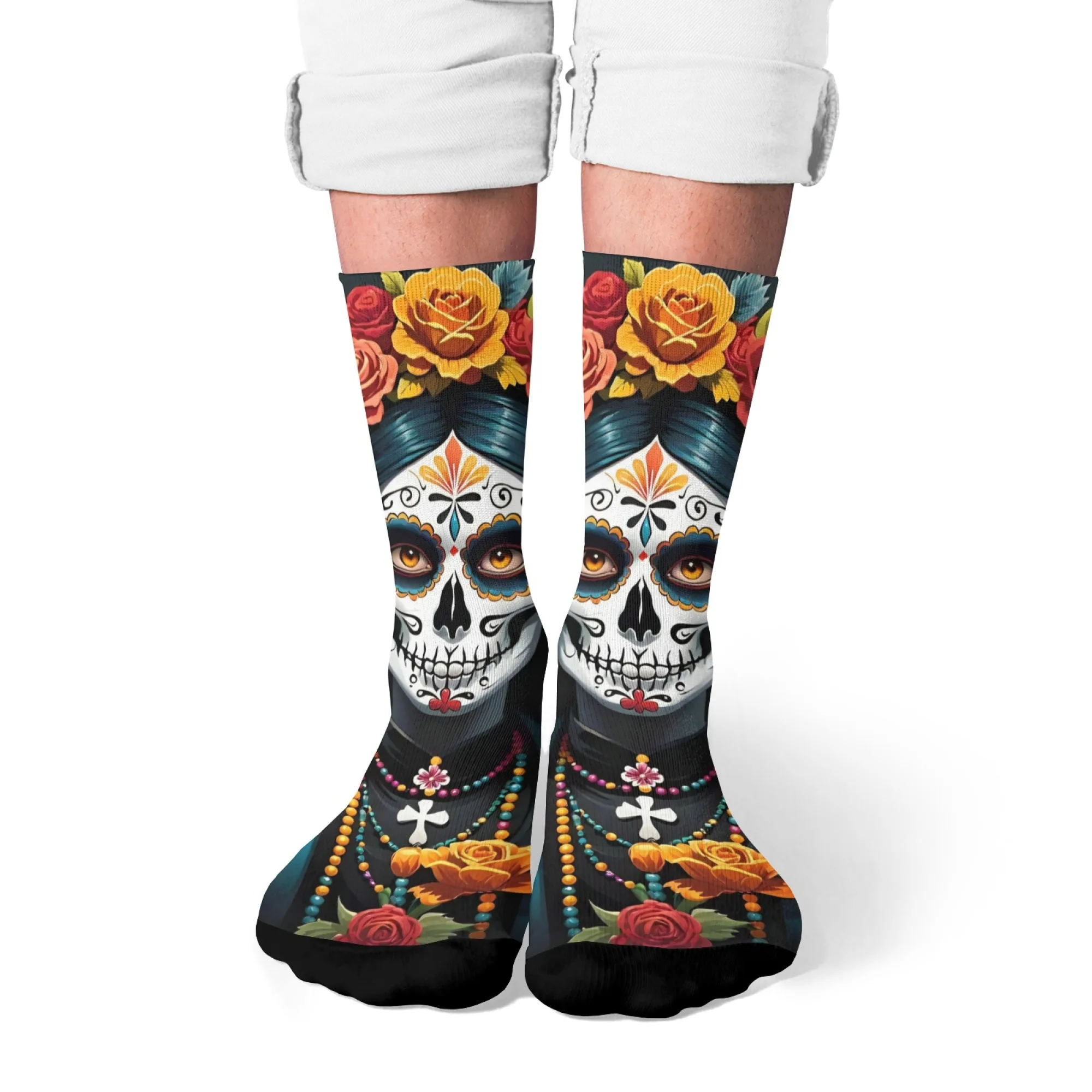 Colorful Floral & Religious Mexican Lady Sugar Skull Crew Socks Day of The Dead Design Vibrant for Festival Cultural Enthusiasts
