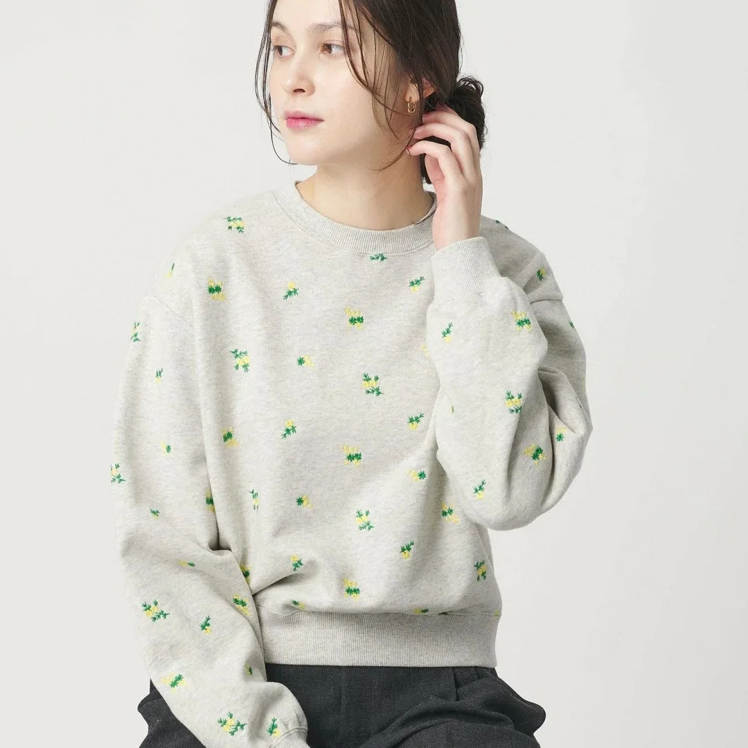 

Qifeng Japanese Style Full Embroidered Floral Print Casual Loose Cotton Fleece Couples Sweatshirt round Neck Long Sleeve