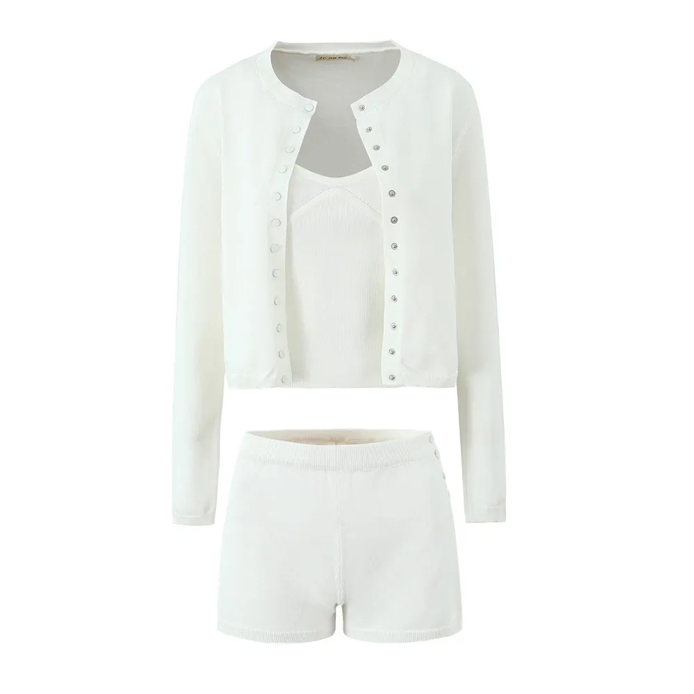 2024 Vintage White Covered Single-breasted Button Knitted Cardigan Tank Top  Side Buttons Mini Shorts Korea Style 2 pieces 1 Set