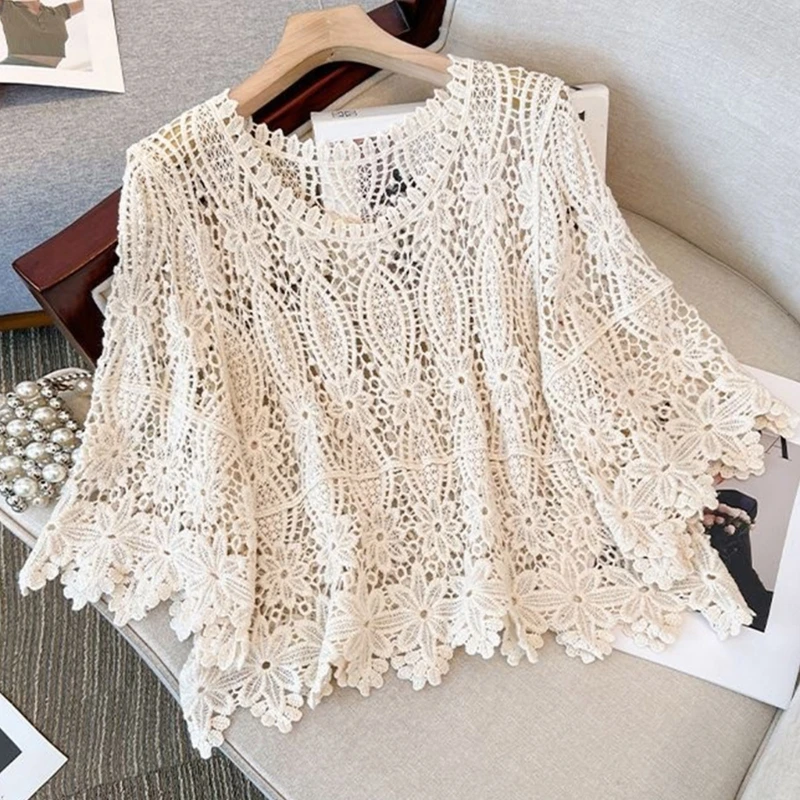 Women Summer Crochet Hollow Out Blouse Shirts Casual Long Sleeve Beach Cover Up