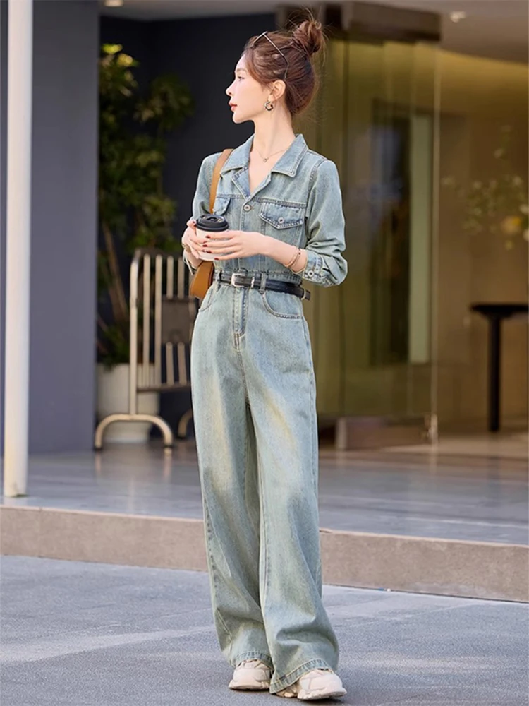 American Style Fashionable Simple Denim Jumpsuit Autumn Women Long Sleeve Single-breasted Straight Overall Female Streetwear