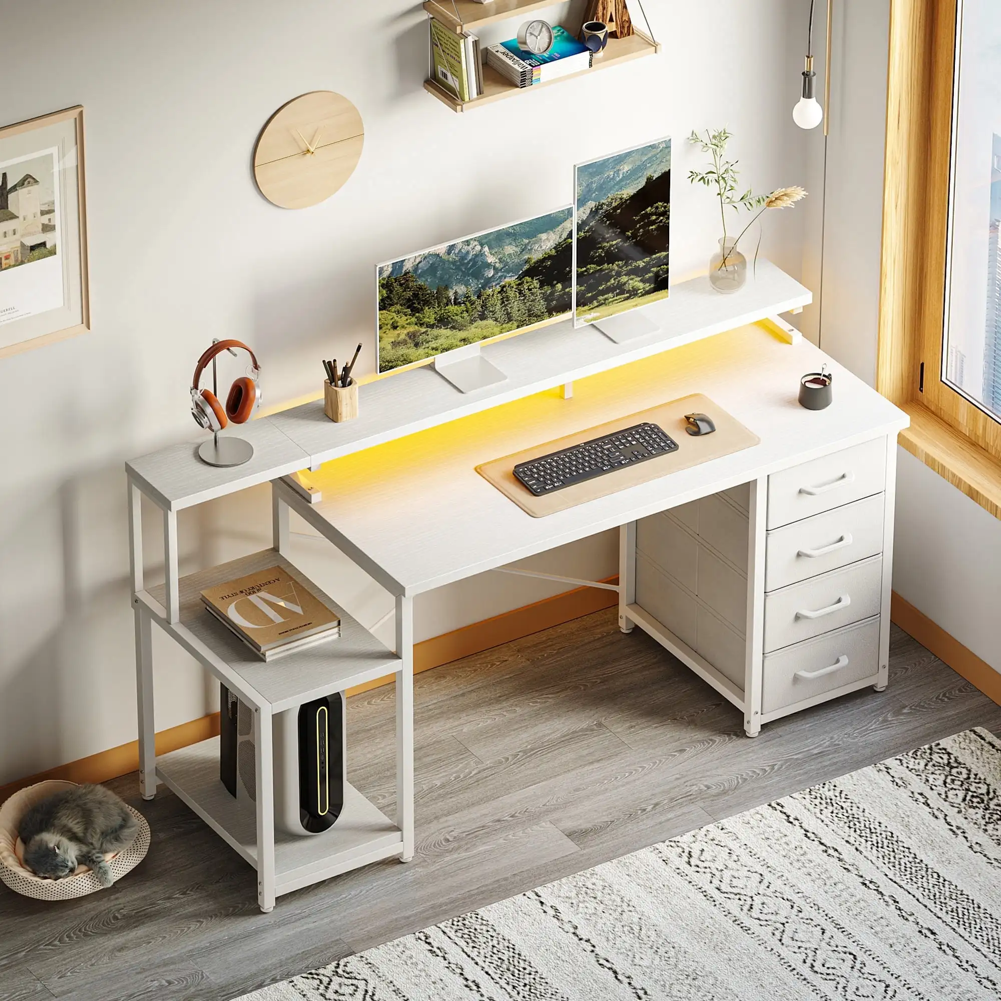 55 Inch Computer Desk with LED Light, Monitor Stand, Desk with 4 Drawers, Home Office Desk with Storage Shelves, White Office Desks, White