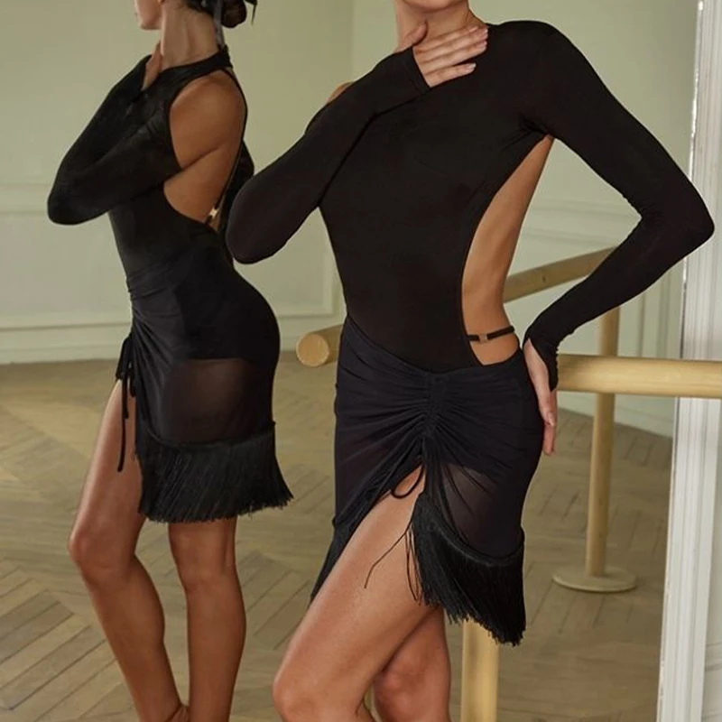 Frauen Latin Dance Ballroom Dance Overall Sexy Langarm Backless Tops Samba Rumba Praxis Wettbewerb Bühne Trikots