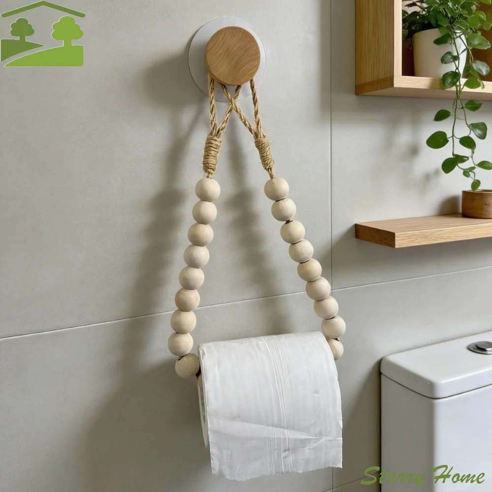 

Держатель для туалетной бумаги в скандинавском стиле из дерева с бусинами, настенный, с присоской, плетеный из веревки