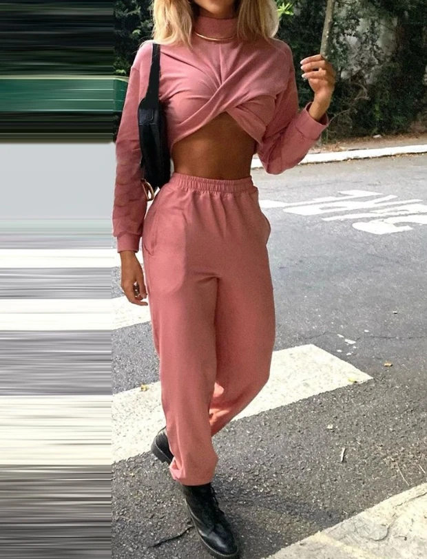 Women's New Fashion 2023 Hot Selling 2 Piece Set of Long Sleeve Twisted Cut Top and Pocket Design Sweatpants Set