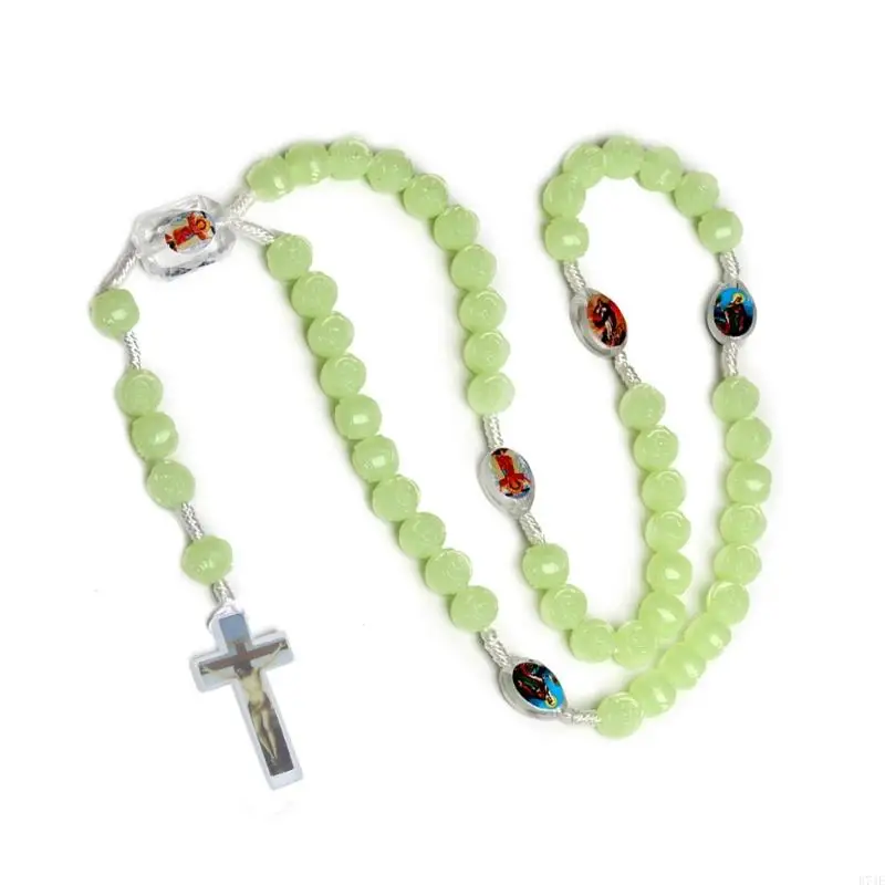 E74E Glow in Dark Cross Rosary Necklace Bead Hangable Pendant Charm for Women Men Praying Meditation Gift Supplies