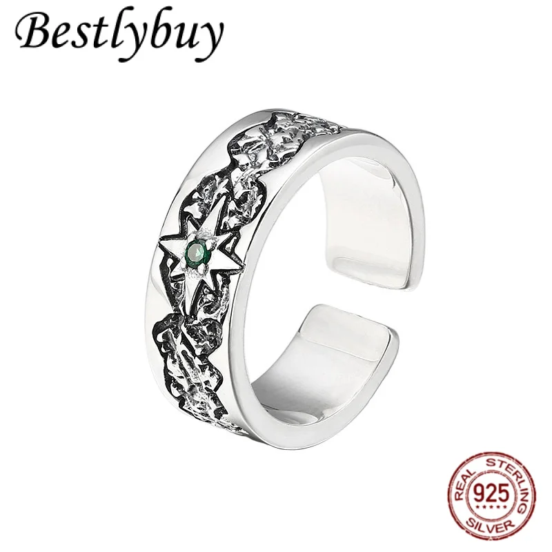 

НОВОЕ кольцо из стерлингового серебра 925 пробы с индивидуальной текстурой лавы, восьмиугольное кольцо со звездой, мужские и женские регулируемые ювелирные изделия