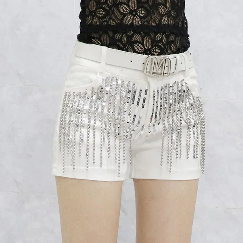 Short en jean à paillettes noires pour femmes, Streetwear coréen, Slim, JOTrend, Hot Pants, Jeans courts décontractés blancs, Été, Nouveau, 2024