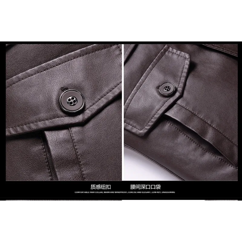 Gorasion New Men's Mid Length Stand Collar Leather Jackets Autumn Winter Fleece Thickened Trench Coats Leather Jackets