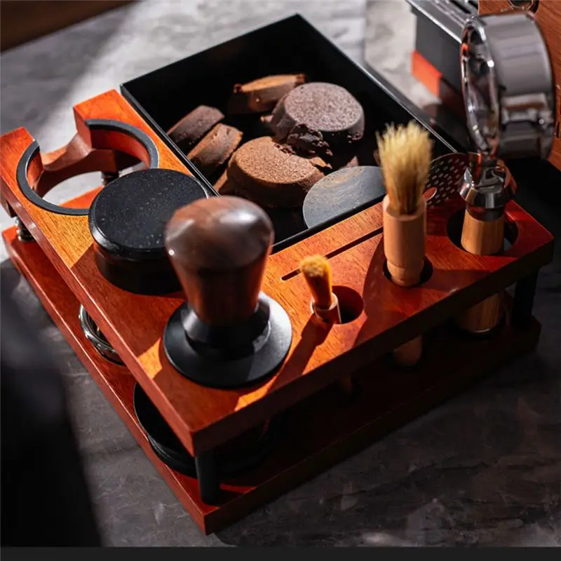 ABUN Espresso Knock Box, Tamping Station for 51 54 58mm Portafilters, Detachable Espresso Organizer Box, Wood Coffee Bar