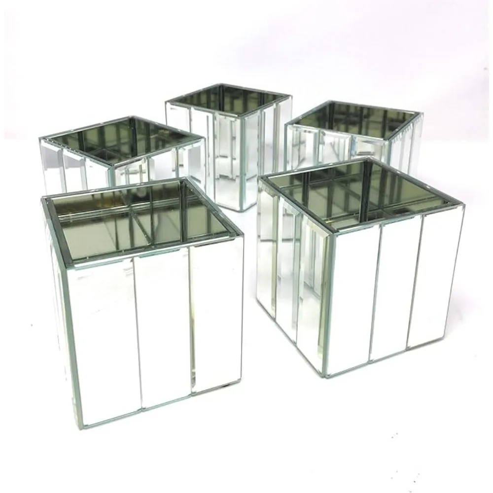 Gatsby Mirror Strip Cube Vase, Set of 12 – Art Deco Inspired Glass Vase with Mirror Finish, Measures 4” Cube