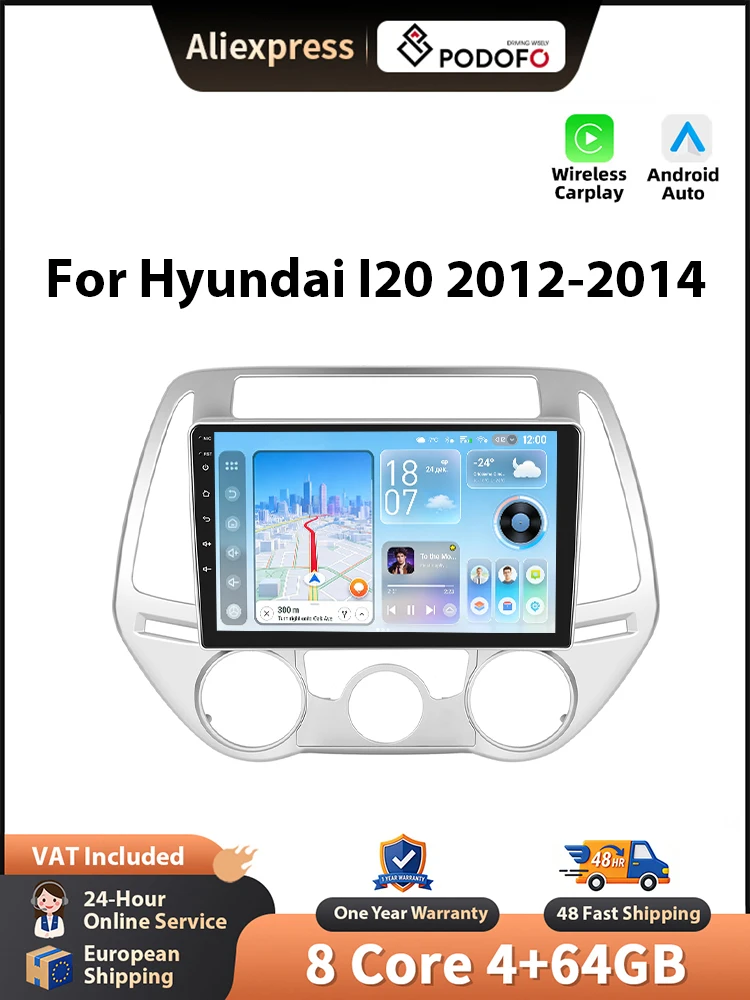Podofo 9'' draadloze CarPlay autoradio voor Hyundai I20 2012-2014 Android GPS navigatie autoradio FM/RDS BT EQ - afbeelding 2