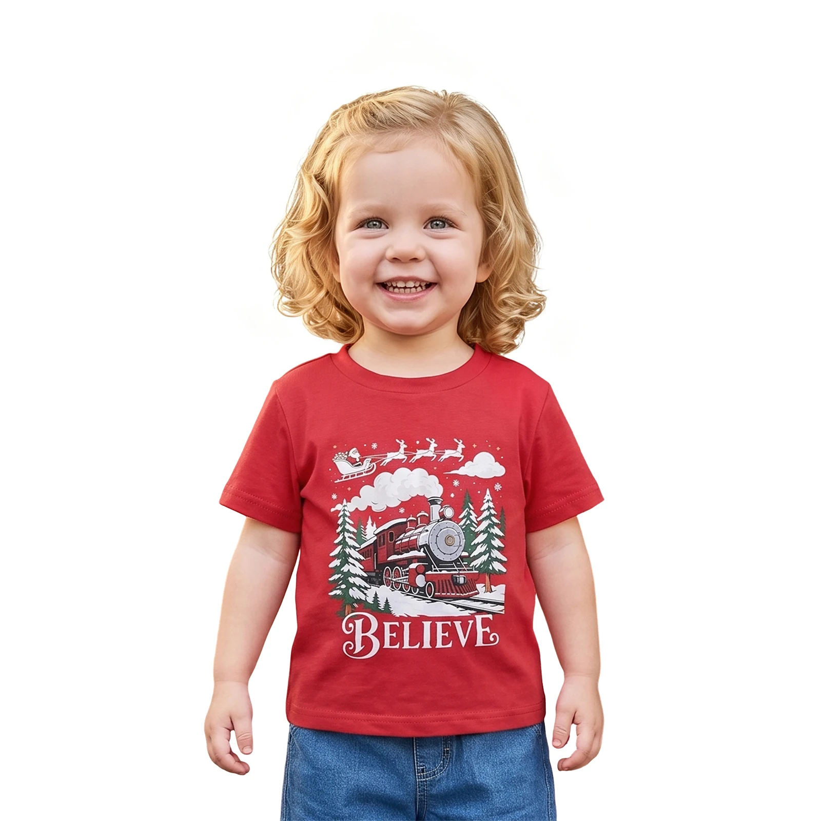 Kids Christmas Tops Short Sleeve Letter Christmas Tree Train T Shirt
