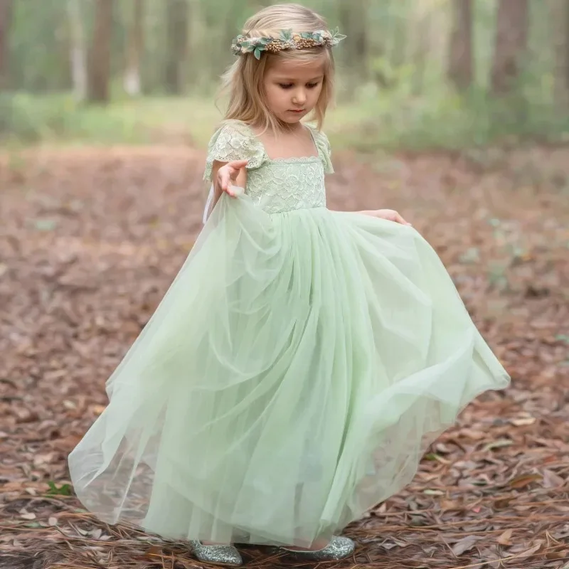 

Customized Mint Green Flower Girl Dresses for Wedding Lace Applique Princess Girl Kids Birthday Party First Holy Communion Gowns