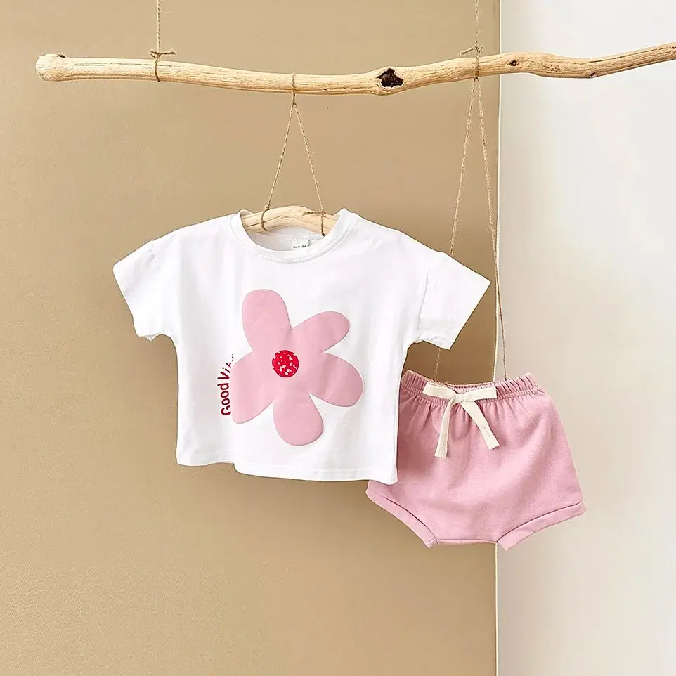 Toddler Boys Outfit Baby Clothes Set Newborn Baby Summer Clothing Cotton Girl Suit Sun Flower Print T-shirt+Beach Shorts