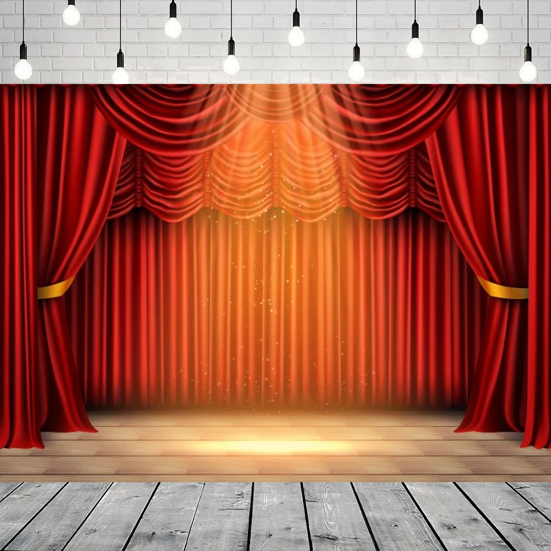 Photography Backdrop Theater Stage Interior Lights Red Curtains Wooden Floor Background Festival Celebration Decoration Banner
