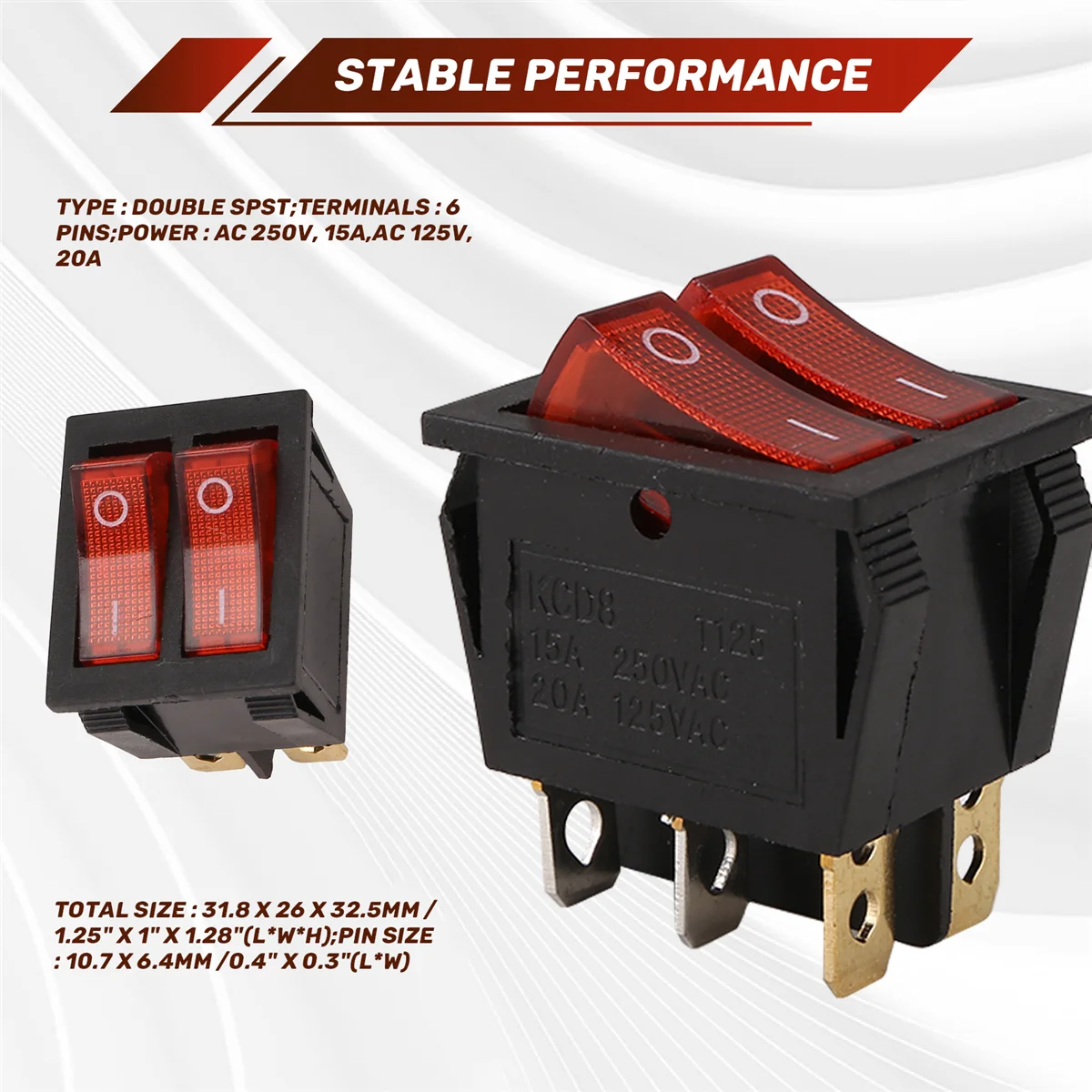 ABYA الضوء الأحمر المضيء 6 دبوس المزدوج SPST ON/OFF قارب الروك التبديل AC 15A/250V 20A/125V