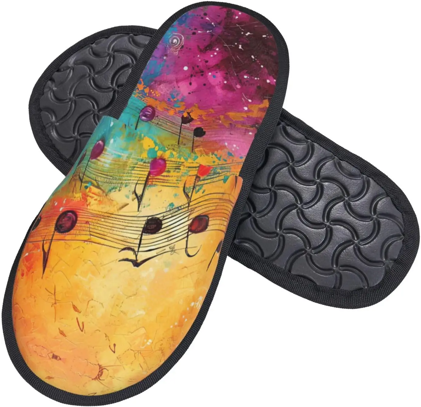 Colorful Music Notes printing Fall Winter Fuzzy Slippers Comfy House Shoes,Portable for Hotel Travel Gifts for Women and Men