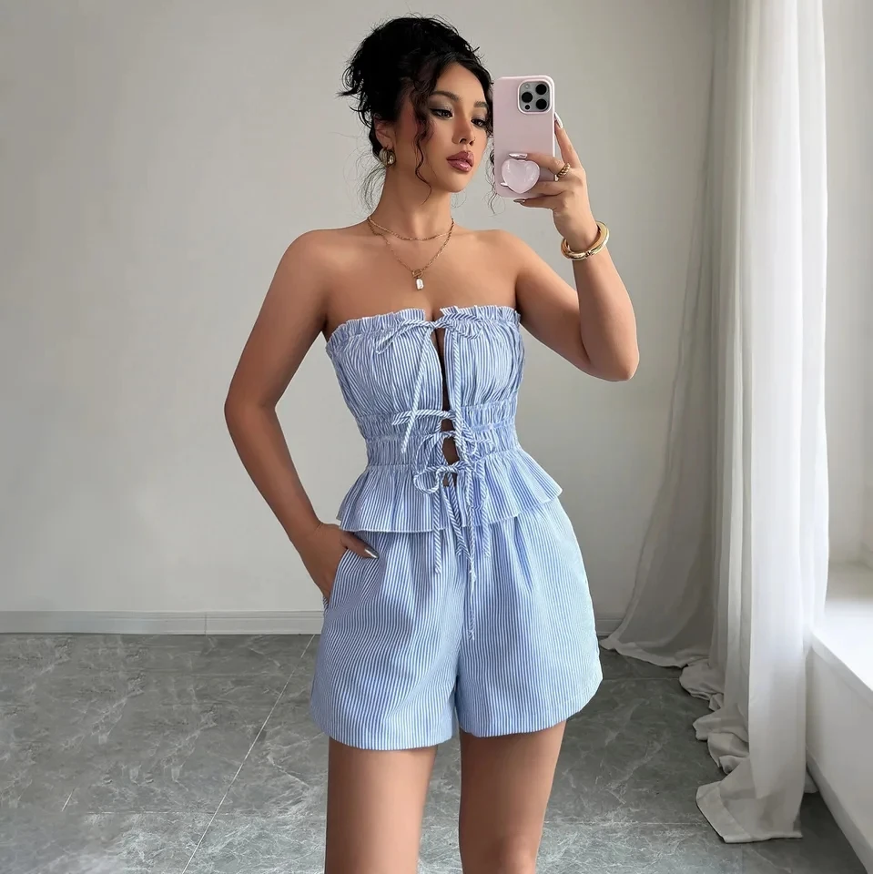 

Womens Sexy Female Costumes One-piece Tie-neck Elegant Style Top And Shorts Two-piece Summer Beach Vacation Style Versatile Suit