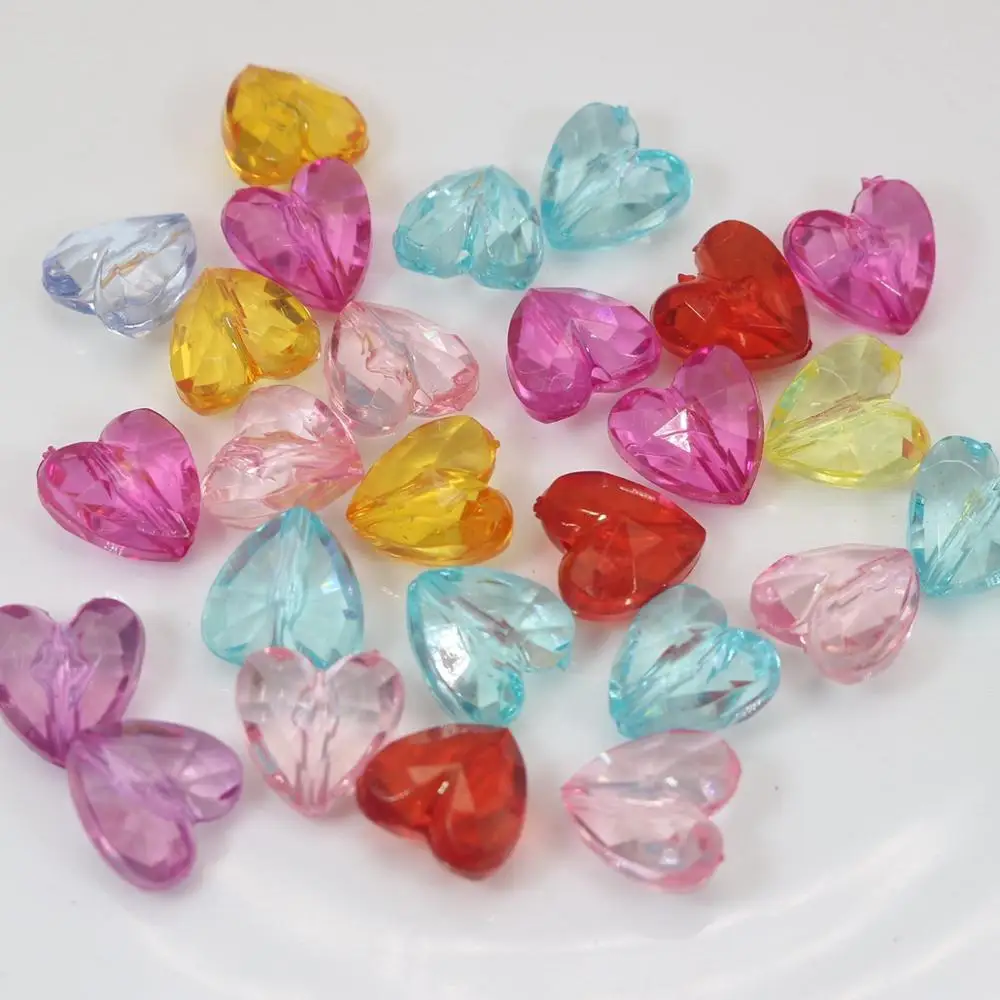 100 Mixed Color Transparent Acrylic Faceted Heart Beads Charms 12X12mm