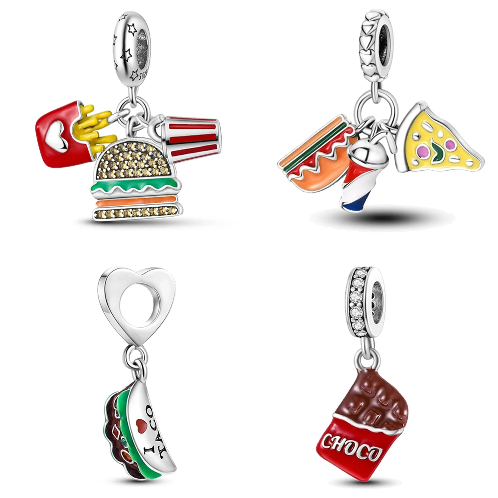 925 Sterling Silver Fries Burger Coke Trio Pendant Set Fit Pandora Charms Silver 925 Original Bracelet for Jewelry Making