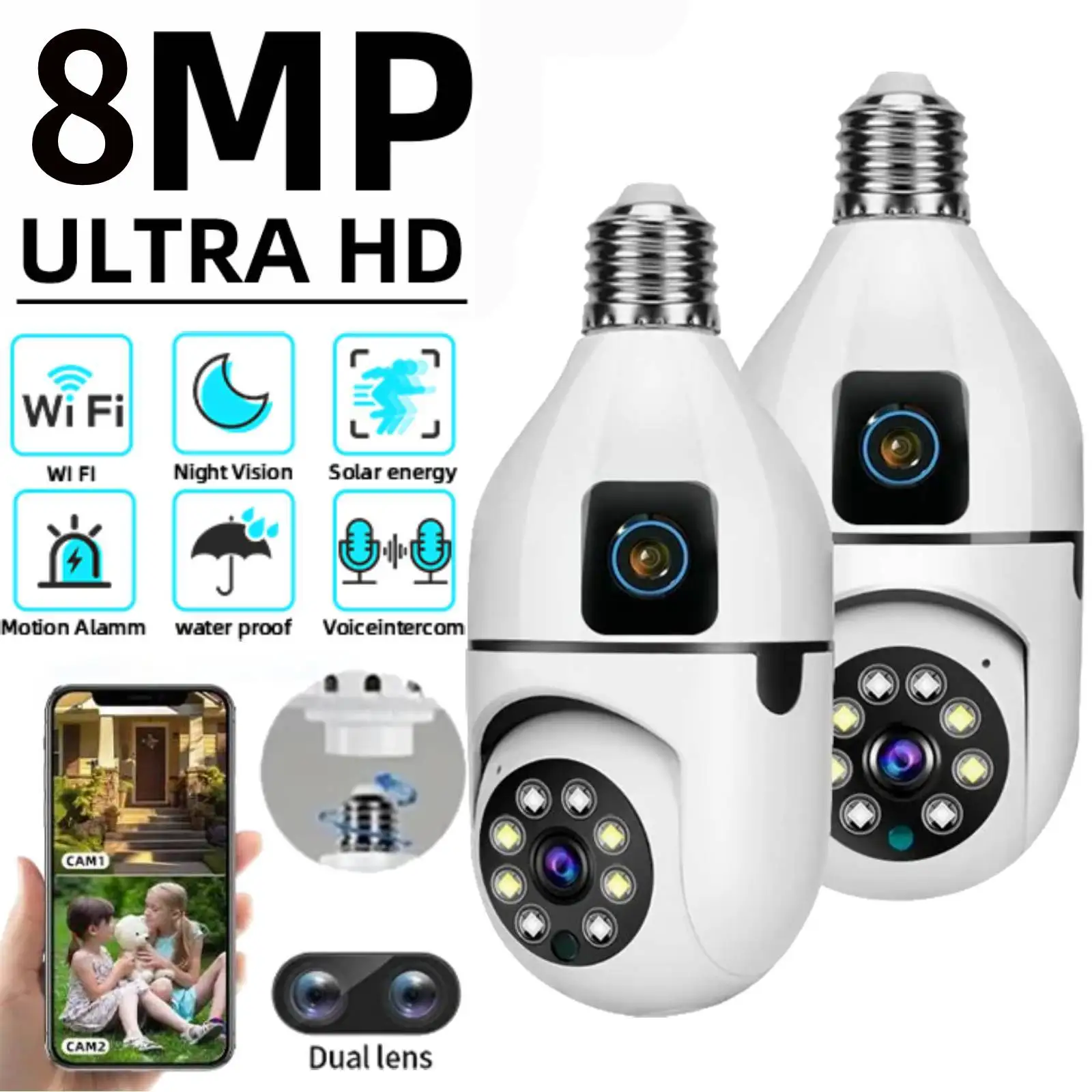 lampada wifi camera lente dupla cor visao noturna rastreamento humano sem fio cameras de audio bidirecional camera de vigilancia interna 4k 8mp e27 01