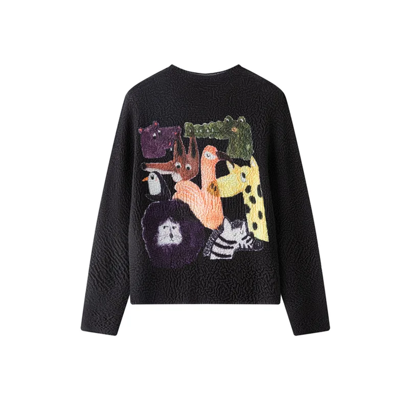 

Miyake плиссированный топ для женщин, новинка 2025, модная тонкая простая универсальная футболка с круглым вырезом и длинными рукавами с мультяшным принтом для женщин