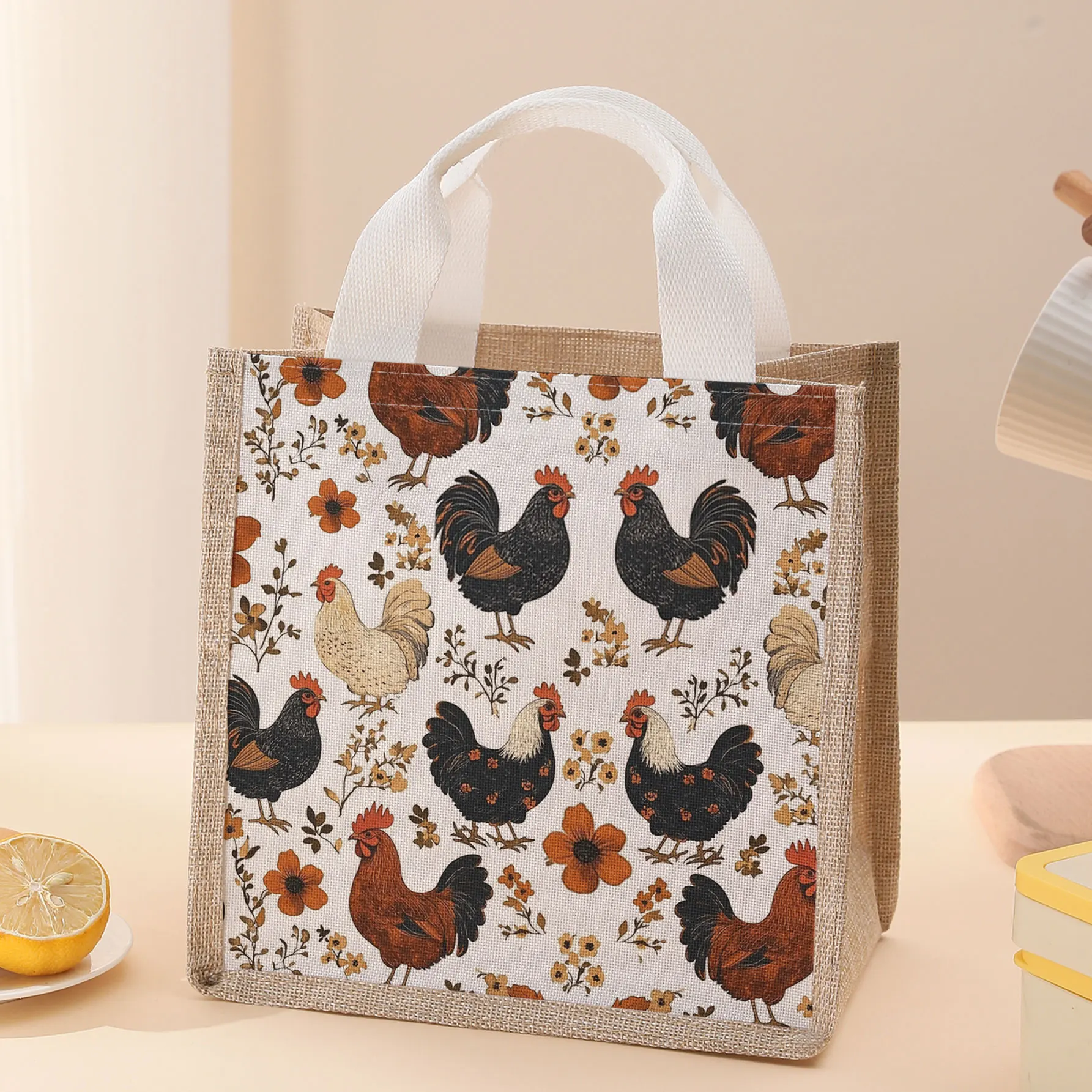 Vintage Rooster Floral Print Insulated Lunch Bag Portable Thermal Cooler Tote For Outdoor Picnic School Daily Use Gift